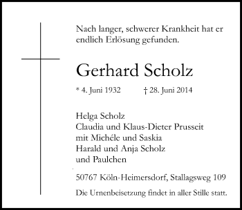 Anzeige von Gerhard Scholz von  Kölner Wochenspiegel 