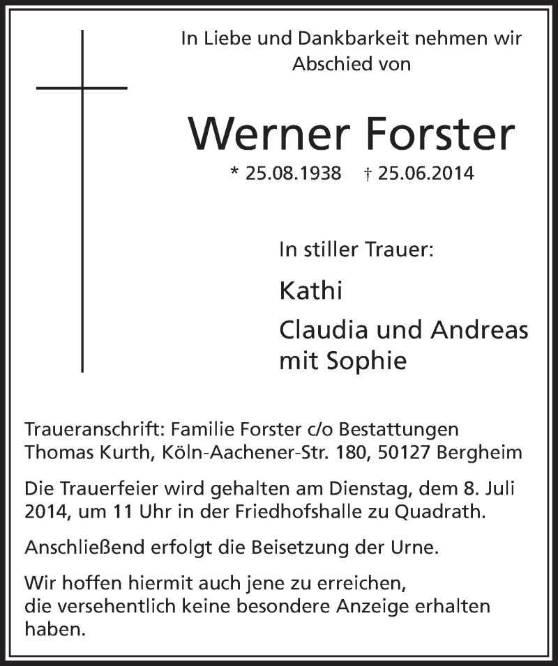  Traueranzeige für Werner Forster vom 05.07.2014 aus  Sonntags-Post 