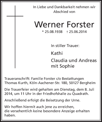 Anzeige von Werner Forster von  Sonntags-Post 