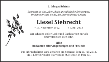 Anzeige von Liesel Siebrecht von  Kölner Wochenspiegel 