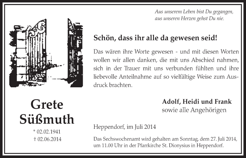  Traueranzeige für Grete Süßmuth vom 19.07.2014 aus  Sonntags-Post 