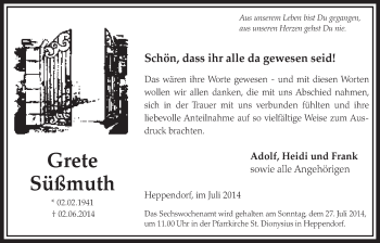 Anzeige von Grete Süßmuth von  Sonntags-Post 