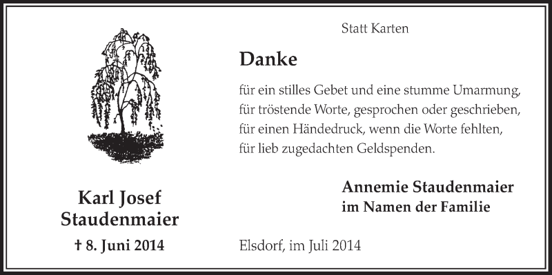 Traueranzeige für Karl Josef Staudenmaier vom 05.07.2014 aus  Sonntags-Post 
