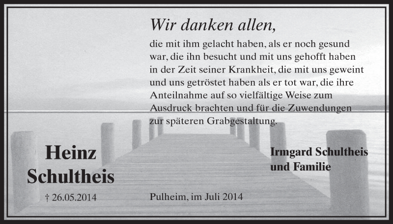  Traueranzeige für Heinz Schultheis vom 05.07.2014 aus  Sonntags-Post 