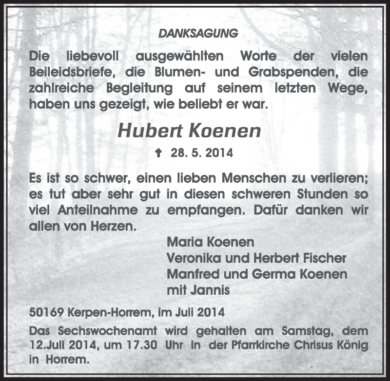  Traueranzeige für Hubert Koenen vom 05.07.2014 aus  Sonntags-Post 