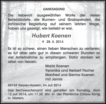 Anzeige von Hubert Koenen von  Sonntags-Post 