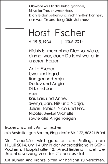 Anzeige von Horst Fischer von  Schlossbote/Werbekurier 