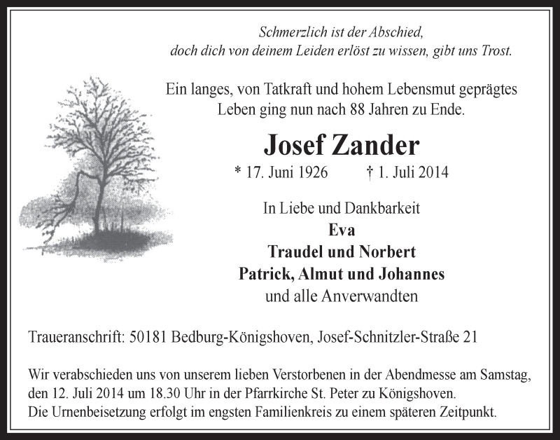  Traueranzeige für Josef Zander vom 09.07.2014 aus  Werbepost 
