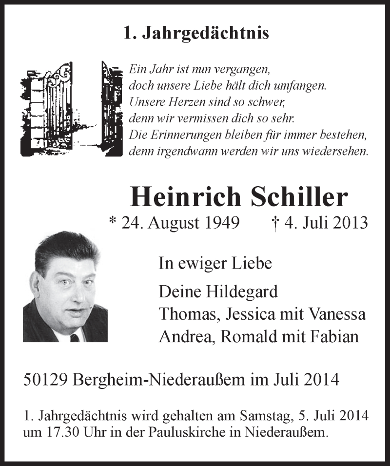  Traueranzeige für Heinrich Schiller vom 05.07.2014 aus  Sonntags-Post 