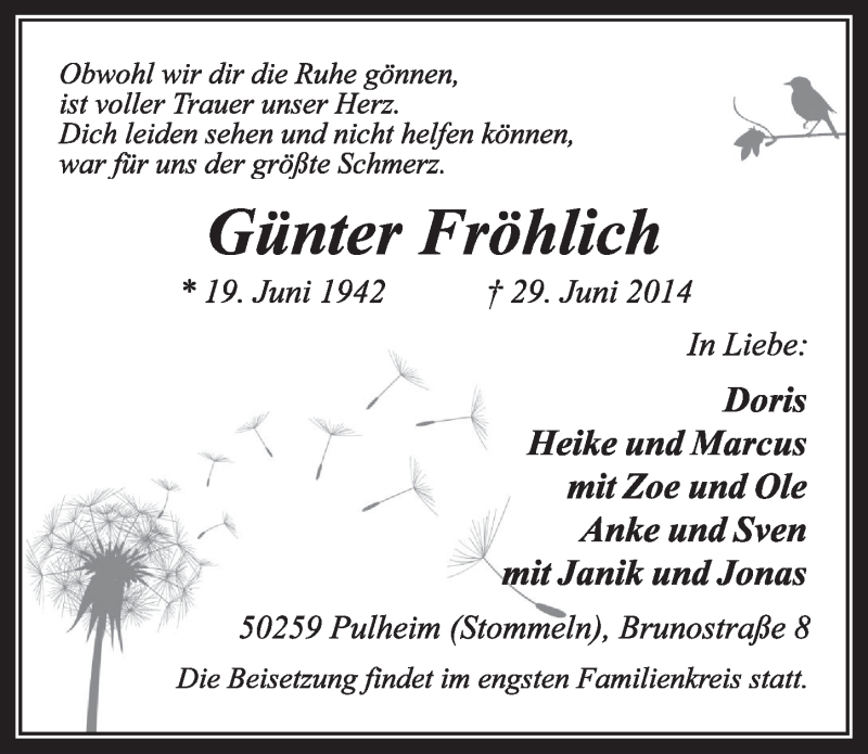  Traueranzeige für Günter Fröhlich vom 05.07.2014 aus  Sonntags-Post 