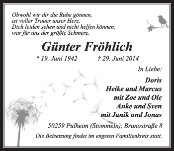 Anzeige von Günter Fröhlich von  Sonntags-Post 