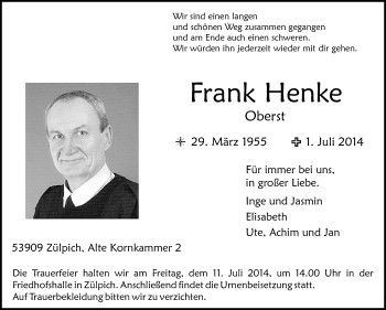 Anzeige von Frank Henke von  Blickpunkt Euskirchen 