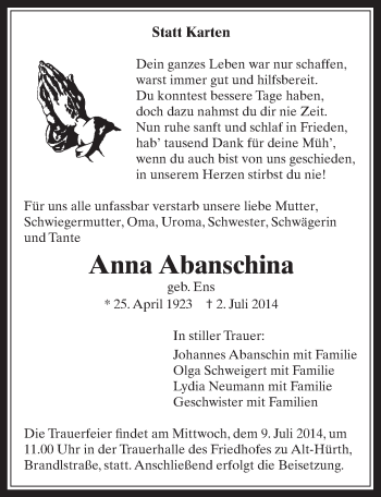 Anzeige von Anna Abanschina von  Sonntags-Post 