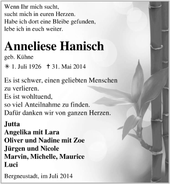 Anzeige von Anneliese Hanisch von  Anzeigen Echo 