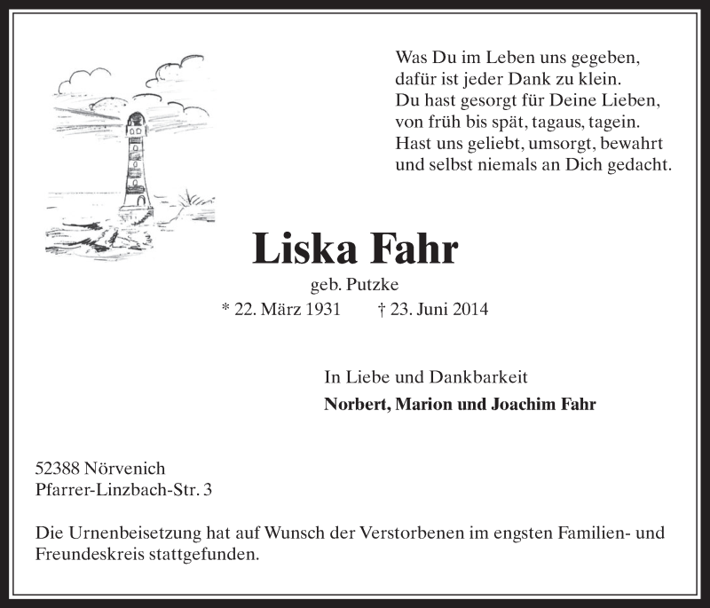  Traueranzeige für Liska Fahr vom 09.07.2014 aus  Werbepost 