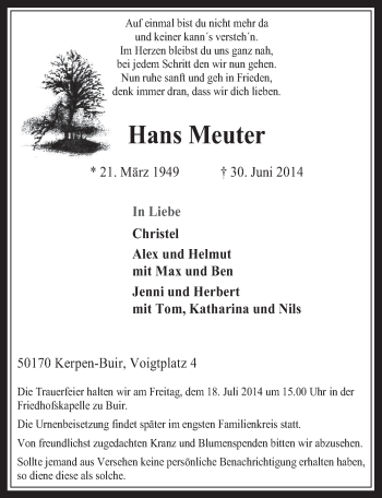 Anzeige von Hans Meuter von  Werbepost 