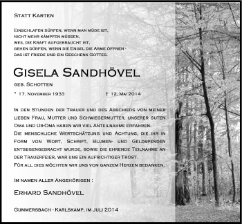 Anzeige von Gisela Sandhövel von  Anzeigen Echo 