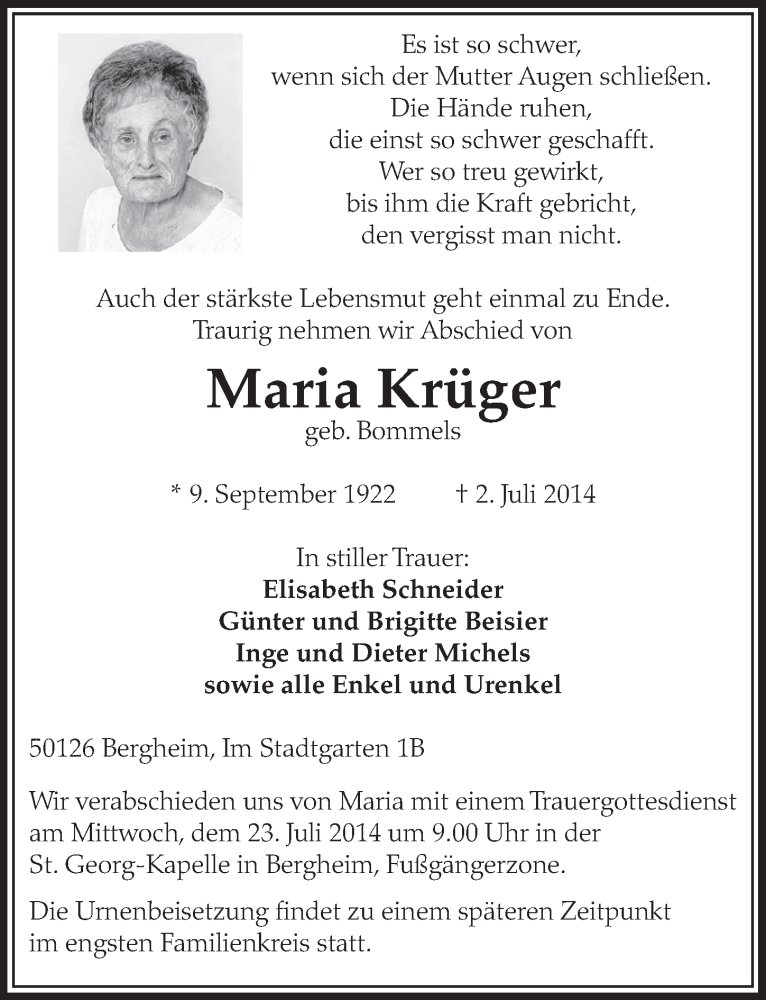  Traueranzeige für Maria Krüger vom 19.07.2014 aus  Sonntags-Post 