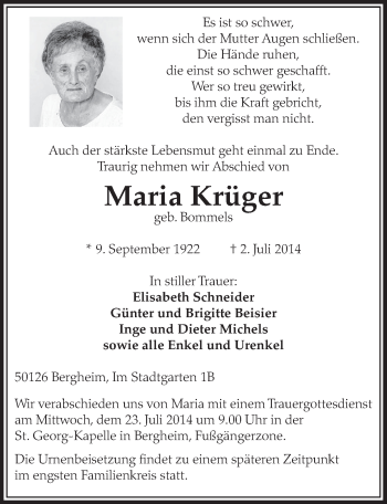 Anzeige von Maria Krüger von  Sonntags-Post 