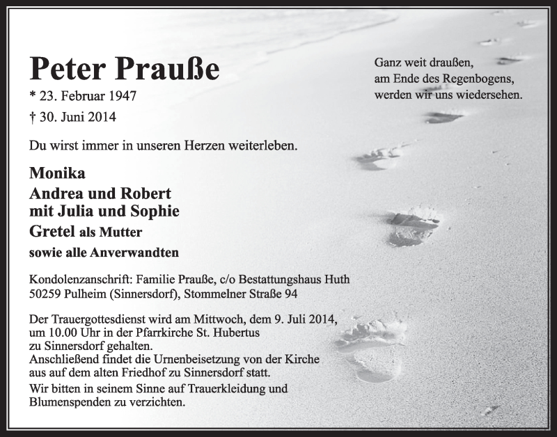  Traueranzeige für Peter Prauße vom 05.07.2014 aus  Sonntags-Post 