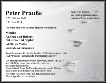 Anzeige von Peter Prauße von  Sonntags-Post 