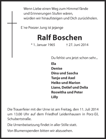 Anzeige von Ralf Boschen von  Kölner Wochenspiegel 