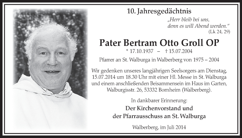  Traueranzeige für Pater Bertram Otto Groll vom 09.07.2014 aus  Schlossbote/Werbekurier 