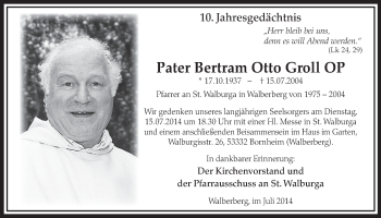 Anzeige von Pater Bertram Otto Groll von  Schlossbote/Werbekurier 