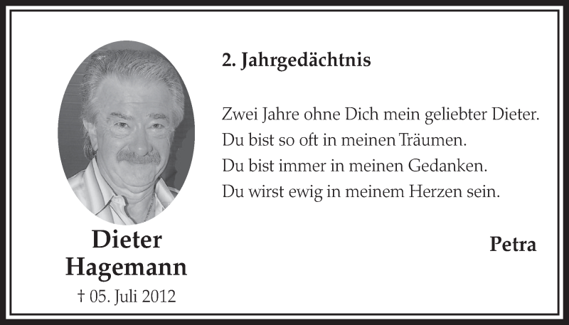  Traueranzeige für Dieter Hagemann vom 05.07.2014 aus  Sonntags-Post 