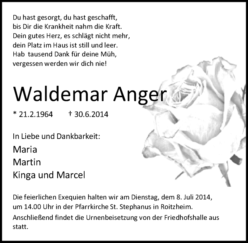  Traueranzeige für Waldemar Anger vom 06.07.2014 aus  Blickpunkt Euskirchen 