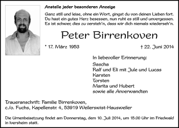 Anzeige von Peter Birrenkoven von  Blickpunkt Euskirchen 