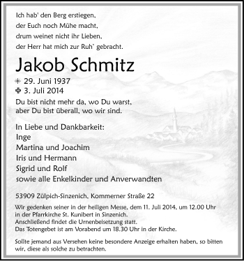 Anzeige von Jakob Schmitz von  Blickpunkt Euskirchen 