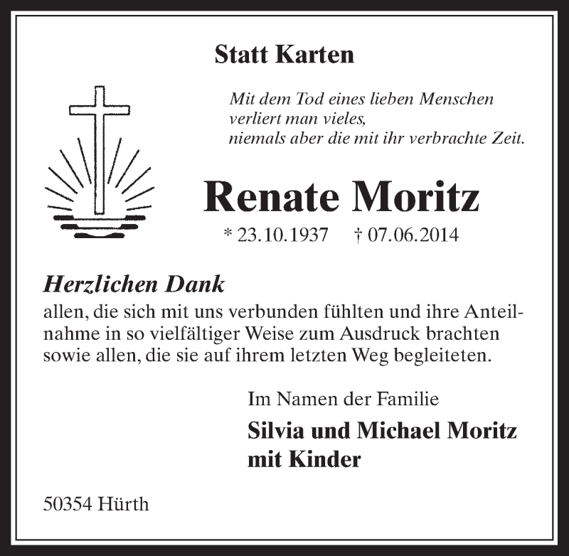  Traueranzeige für Renate Moritz vom 09.07.2014 aus  Wochenende 