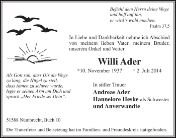 Anzeige von Willi Ader von  Anzeigen Echo  Lokalanzeiger 