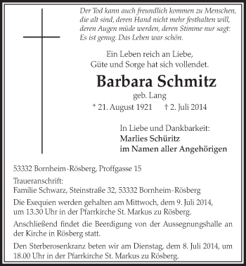 Anzeige von Barbara Schmitz von  Schlossbote/Werbekurier 