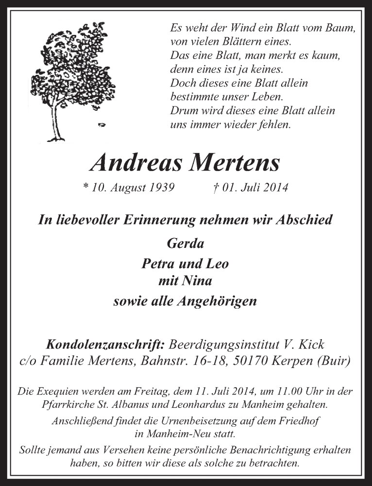  Traueranzeige für Andreas Mertens vom 09.07.2014 aus  Werbepost 