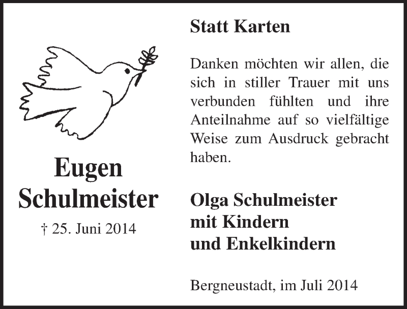  Traueranzeige für Eugen Schulmeister vom 09.07.2014 aus  Anzeigen Echo 