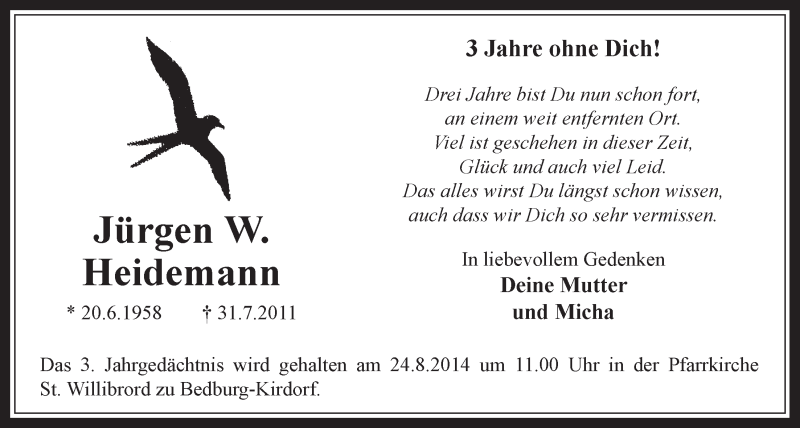  Traueranzeige für Jürgen Heidemann vom 13.08.2014 aus  Werbepost 