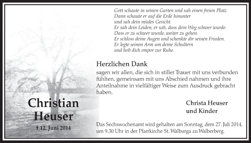  Traueranzeige für Christian Heuser vom 16.07.2014 aus  Schlossbote/Werbekurier 