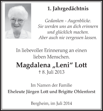 Anzeige von Magdalena Leni Lott von  Sonntags-Post 