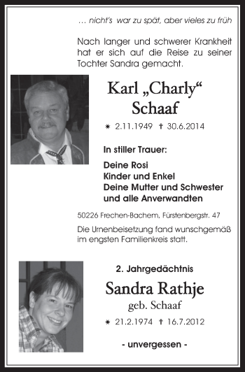 Anzeige von Karl Schaaf von  Wochenende 