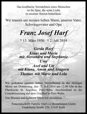 Anzeige von Franz Josef Harf von  Kölner Wochenspiegel 