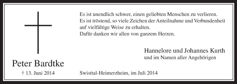  Traueranzeige für Peter Bardtke vom 09.07.2014 aus  Schaufenster/Blickpunkt 