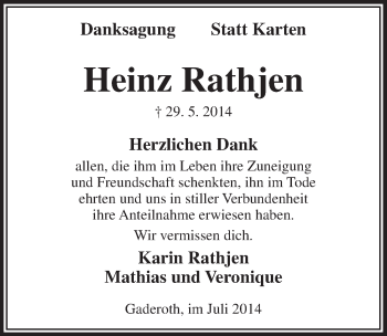 Anzeige von Heinz Rathjen von  Anzeigen Echo  Lokalanzeiger 