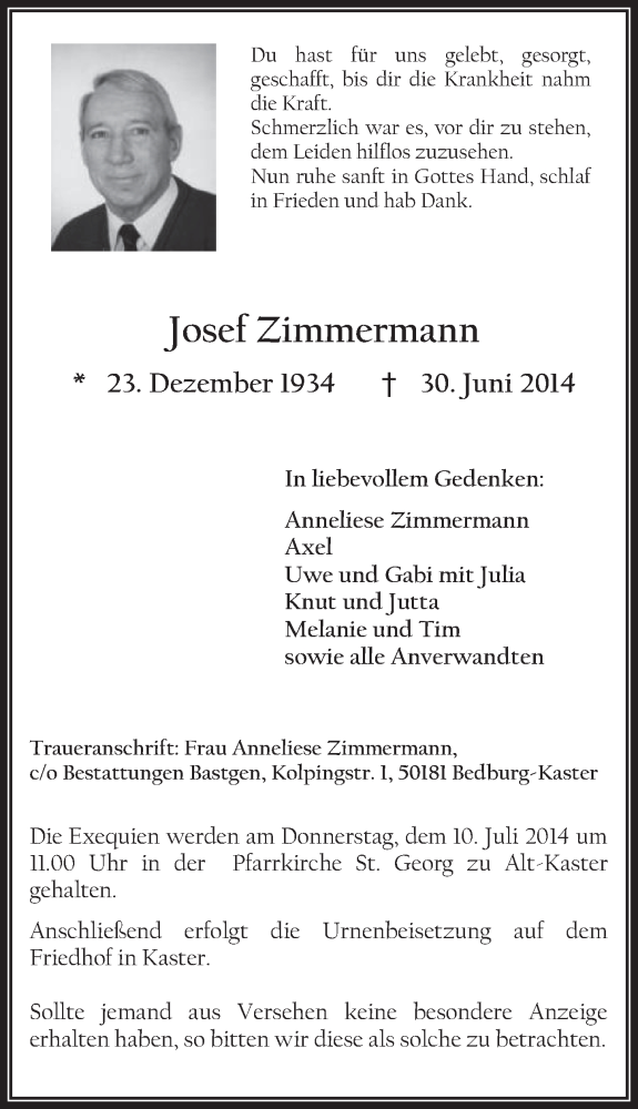  Traueranzeige für Josef Zimmermann vom 09.07.2014 aus  Werbepost 
