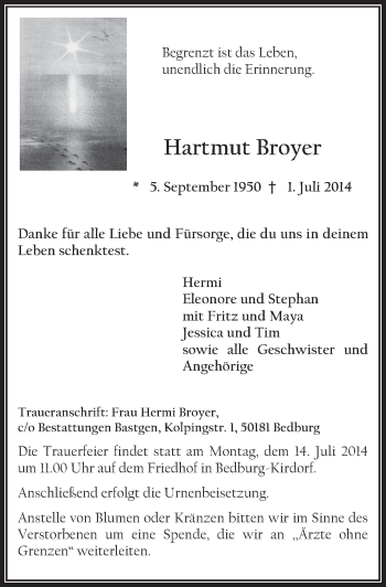 Anzeige von Hartmut Broyer von  Werbepost 