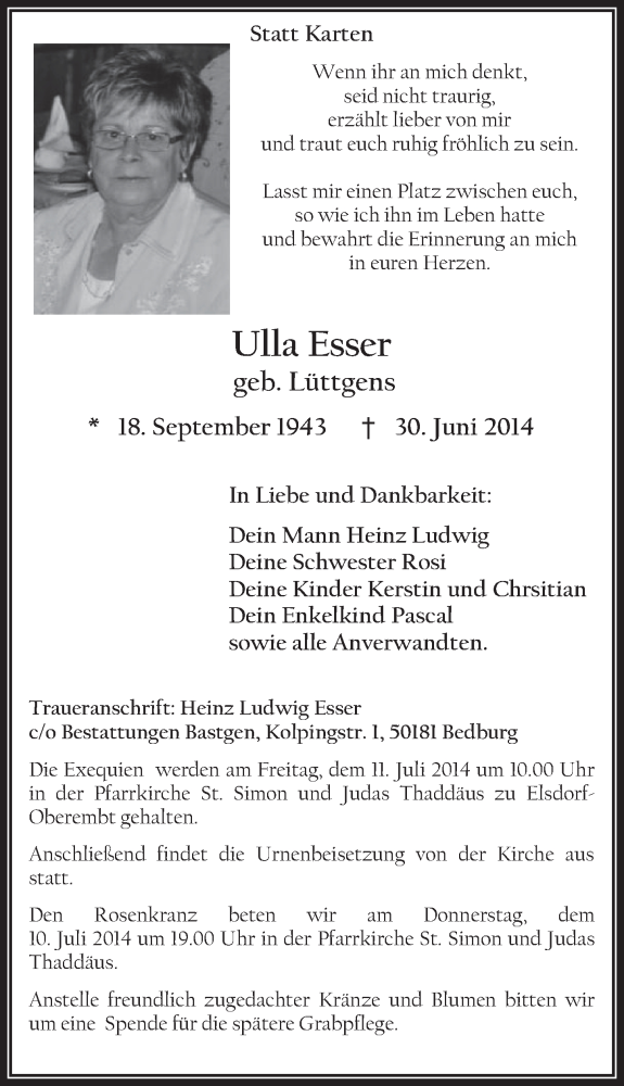  Traueranzeige für Ulla Esser vom 09.07.2014 aus  Werbepost 