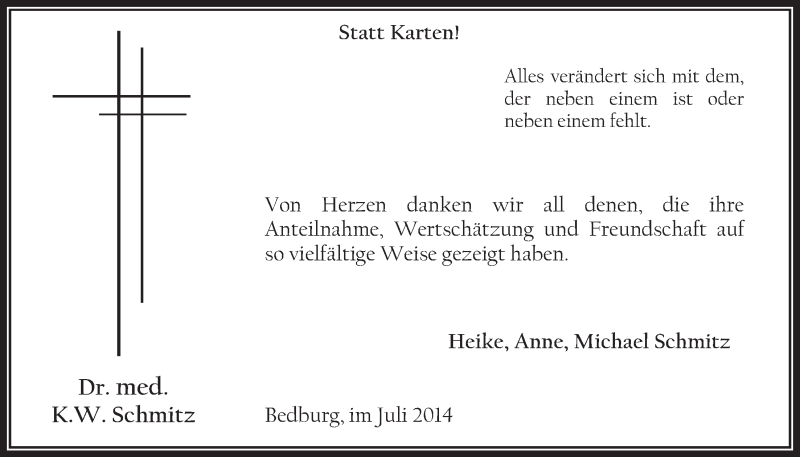  Traueranzeige für K w Schmitz vom 09.07.2014 aus  Werbepost 