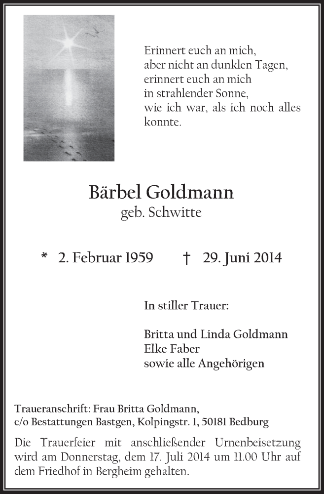  Traueranzeige für Bärbel Goldmann vom 09.07.2014 aus  Werbepost 