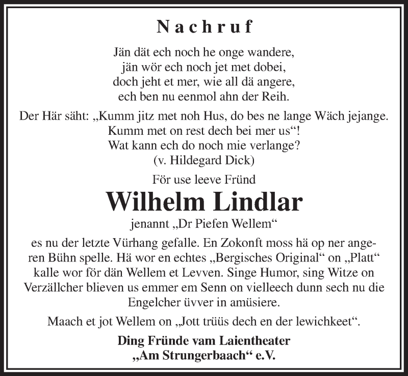  Traueranzeige für Wilhelm Lindlar vom 09.07.2014 aus  Bergisches Handelsblatt 